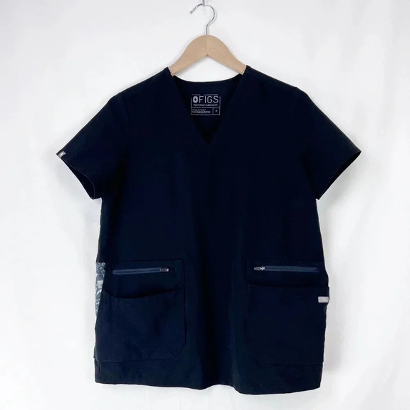 Figs Tops - FIGS Black with Palm Leaves Scrubs Zipper Pockets Size S